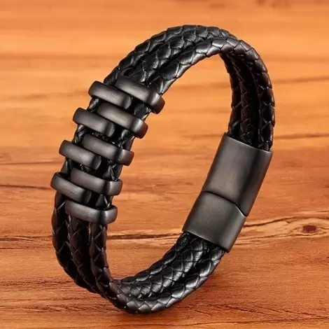 roterend Melancholie leerling Leren Zwart Gevlochten Armband met Zwart Staal Design