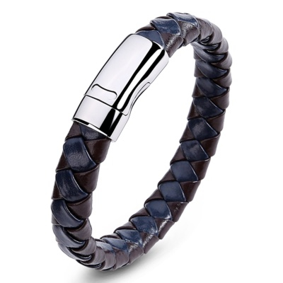 Voordelige Leren Armband Gevlochten Zwart/Blauw en RVS Sluiting 22cm kopen bij webwinkel Monzaique.nl