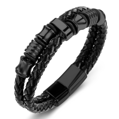 Voordelige Graveerbare Leren Armband Zwarte Staal met Magneetsluiting 20cm kopen bij webwinkel Monzaique.nl